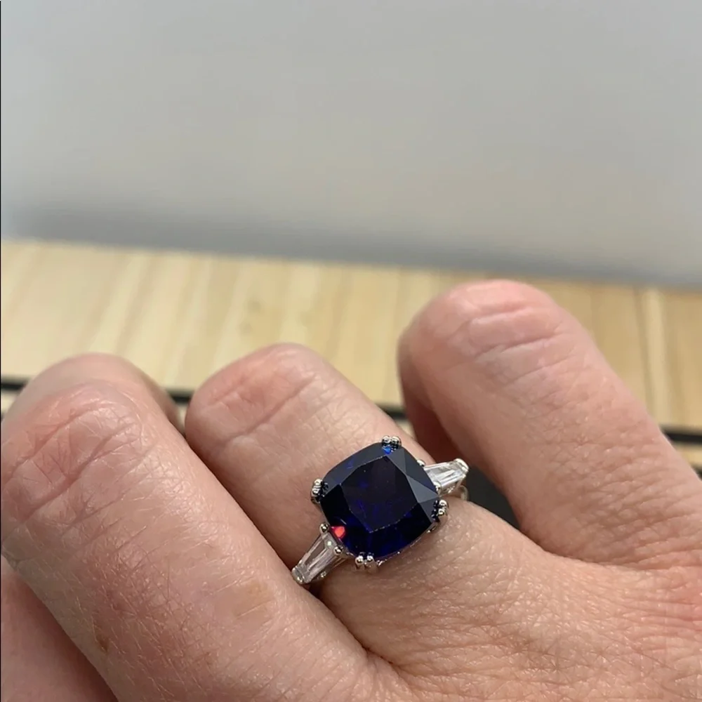 Blue & White CZ Sterling Silver Cushion Cut Ring Size 6 Simulated Tanzanite